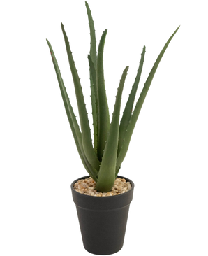 De Kunstplant Aloë Vera 33 cm heeft lange, dikke, groene stekelbladeren met kleine steentjes op de grond in een strakke zwarte pot, tegen een witte achtergrond.