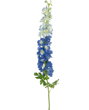 La Fleur Artificielle Delphinium 105 cm bleue a une seule longue tige avec des fleurs bleu-blanc et des feuilles vertes, sur un fond blanc uni.