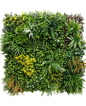 De Kunsthaag Eternity 100x100 cm UV heeft een vierkant paneel van diverse groene planten, waaronder varens, klimop en weelderig gebladerte, waardoor een dichte verticale tuin voor binnen of buiten ontstaat tegen een witte achtergrond.