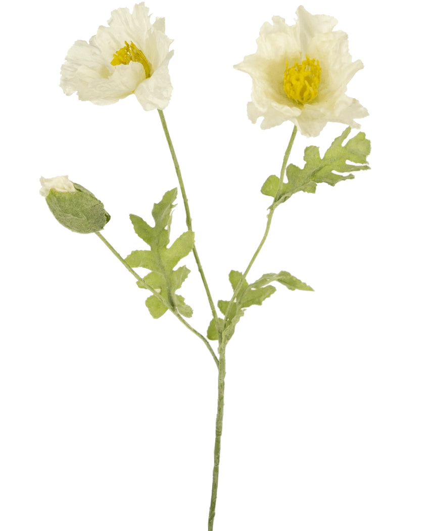 La Fleur Artificielle Coquelicot 73 cm blanc est une tige de fleur artificielle avec deux fleurs de coquelicot blanches ouvertes, un bourgeon fermé, des pétales structurés et des feuilles vertes sur un fond blanc uni.