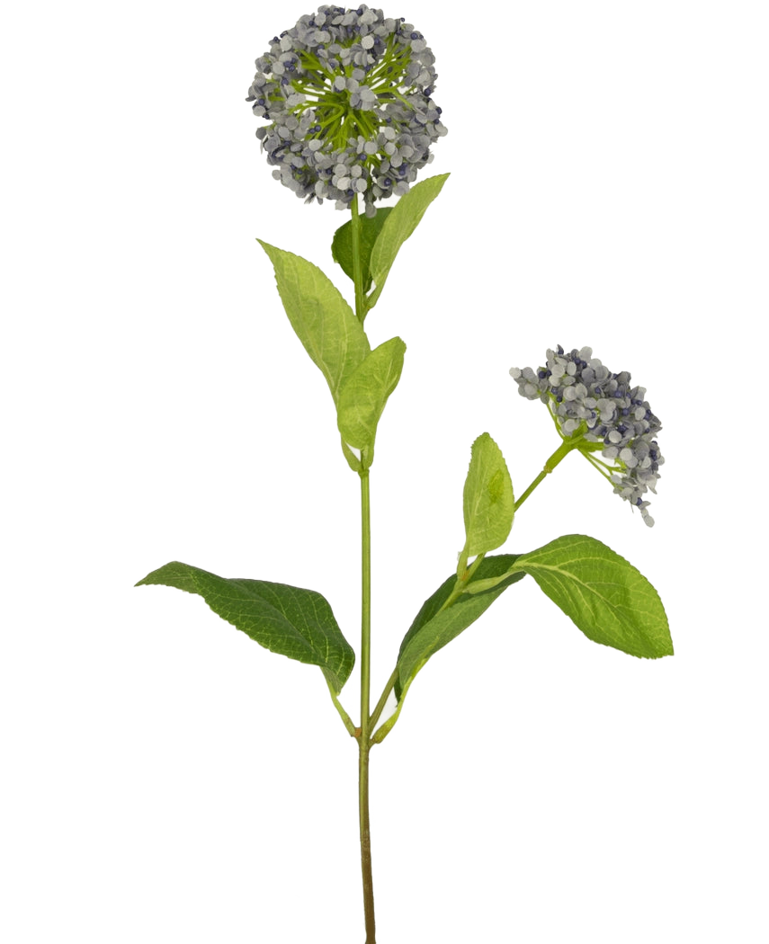 Une seule fleur artificielle boule de neige/viorne de 70 cm violette avec une tige verte, de larges feuilles et deux bouquets de petites fleurs violettes, isolées sur un fond blanc.