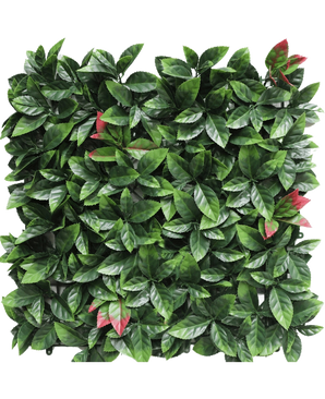 De Kunsthaag Photonia rood 50x50 cm UV heeft een dicht paneel van kunstmatige groene bladeren met clusters van roodachtige bladeren, gerangschikt in een rechthoekig rasterpatroon.