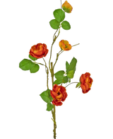 Een enkele Kunstroos vertakt 90 cm met meerdere rode kunstrozen met groene bladeren tegen een effen witte achtergrond.