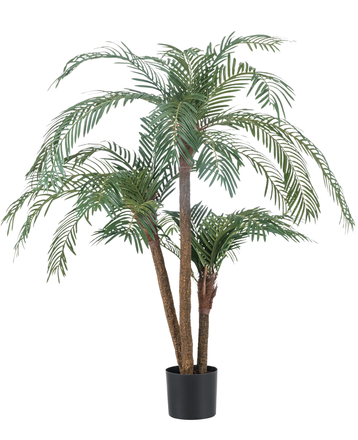 Le palmier artificiel Cycas Classic 135 cm possède plusieurs troncs élancés et de longues feuilles vertes arquées, dans un simple pot noir sur un fond blanc uni.