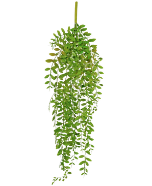 De Kunst hangplant Pumila 89 cm is een kunst hangplant met kleine, levendige groene blaadjes die langs meerdere lange stengels naar beneden vallen, wat zorgt voor een weelderige, bossige liaanlook.