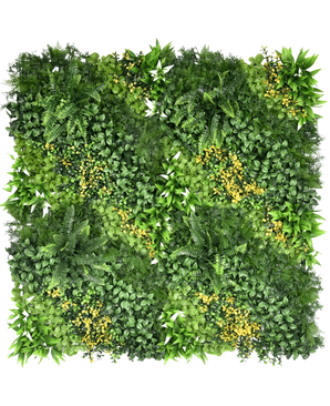 La Haie Artificielle Limerence 100x100 cm UV est un panneau de jardin vertical carré au feuillage vert dense et aux petites fleurs jaunes, aux formes et textures de feuilles variées pour un aspect luxuriant et vibrant.