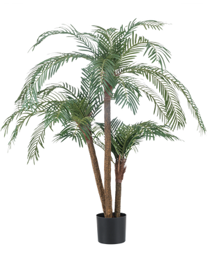 Le palmier artificiel Cycas Classic 135 cm possède plusieurs troncs élancés et de longues feuilles vertes arquées, dans un simple pot noir sur un fond blanc uni.