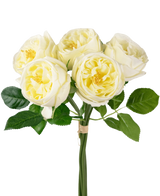 De Kunstrozenboeket "Carmen" Real Touch Crème wit 36cm heeft zes lichtgele rozen met weelderige groene bladeren, kunstig gerangschikt en bij elkaar gehouden door een kleine band voor een elegante uitstraling.