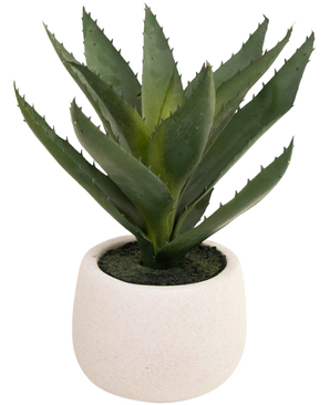 La plante artificielle Aloe Vera 28 cm est présentée dans un pot simple et rond en céramique blanche, avec des feuilles vertes et épineuses réalistes sur un fond blanc uni.
