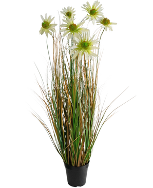 De Kunstgras chrysant uienpot 90cm brandvertragend is een kunstplant in pot met hoge groene en bruine grasachtige bladeren, witte chrysantenbloemen bovenop en wordt geleverd in een kleine zwarte pot.