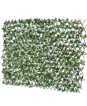 De Kunsthaag Photonia Uitschuifbaar 200x100 cm is een rechthoekig uitschuifbaar hekwerk met kunstgroene bladeren en roze bloemen, afgebeeld tegen een witte achtergrond.