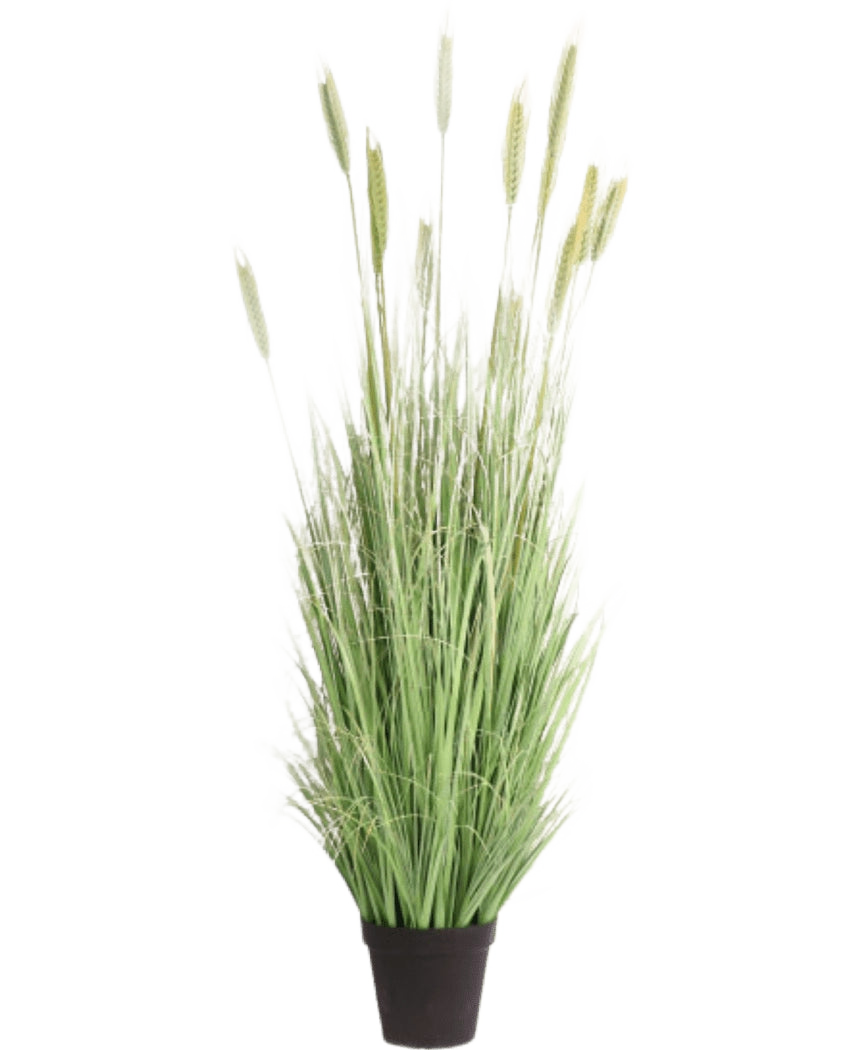 Le gazon artificiel vert 180 cm ignifuge possède des brins verts longs et minces et des épis en forme de blé dans un pot noir - idéal pour une décoration intérieure élégante et une sécurité supplémentaire.