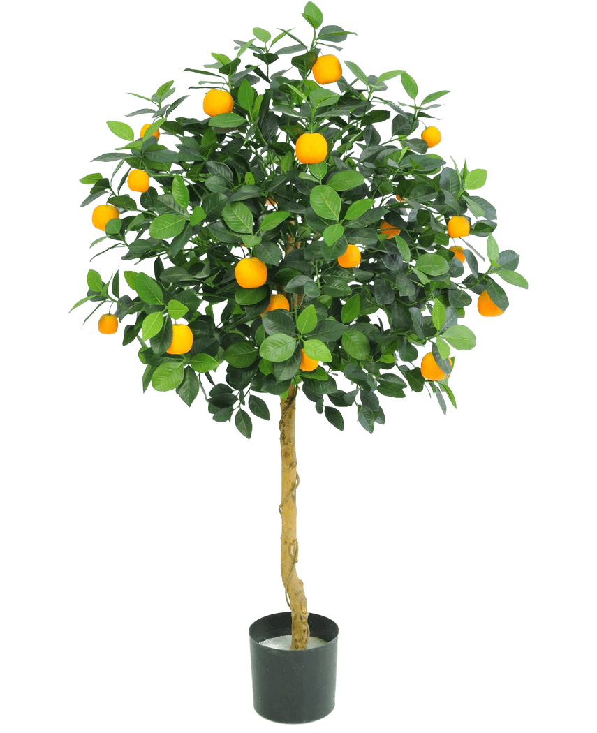 L'oranger artificiel de 120 cm d'Easyplants a des feuilles vertes luxuriantes et de nombreux fruits orange vif, présentés dans un pot sur un fond blanc uni.