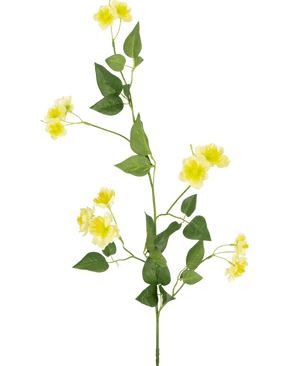 La Fleur Artificielle Renoncule 77 cm est une simple tige verte avec de multiples branches, de petites fleurs jaunes et des feuilles vertes - idéales pour composer votre bouquet - présentées sur un fond blanc uni.