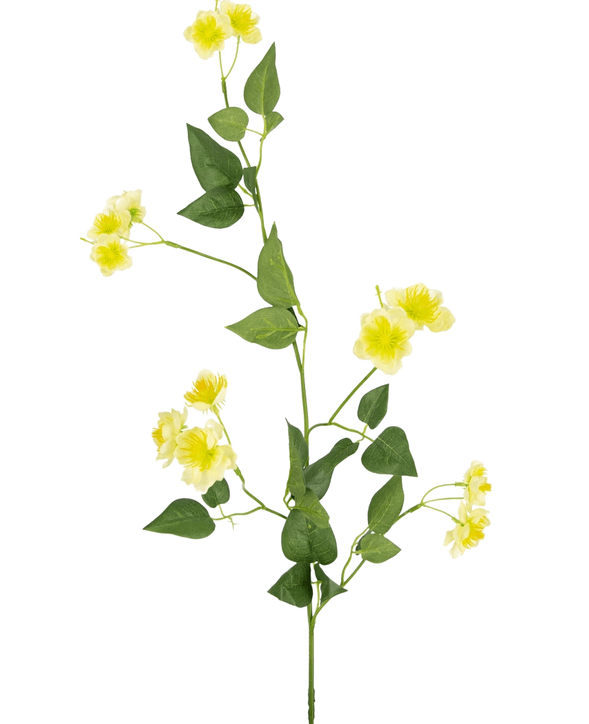 La Fleur Artificielle Renoncule 77 cm est une simple tige verte avec de multiples branches, de petites fleurs jaunes et des feuilles vertes - idéales pour composer votre bouquet - présentées sur un fond blanc uni.