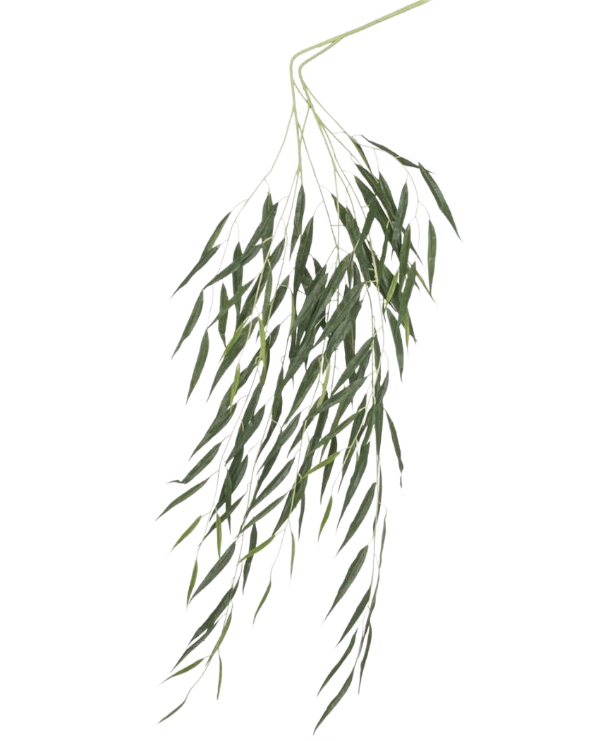 Le saule pleureur artificiel 134 cm ignifuge a de longues feuilles vertes fines qui pendent sur un fond blanc uni et est traité avec un revêtement ignifuge pour plus de sécurité.