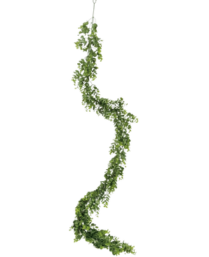 La plante grimpante artificielle Pumila 182 cm possède une longue vigne verte sinueuse avec de petites feuilles, qui pend verticalement sur un fond blanc uni.