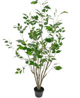 De Kunstplant Ficus 120 cm is een hoge kunstplant met meerdere dunne bruine stengels en weelderige groene bladeren, afgebeeld in een pot tegen een witte achtergrond.
