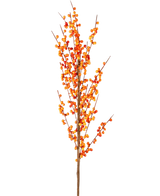 De Kunsttak Ilex 100 cm oranje heeft een enkele bruine tak met gelijkmatig verspreide trossen levendige oranje en gele bessen langs dunne stelen, wat zorgt voor een feestelijke, herfstachtige uitstraling.