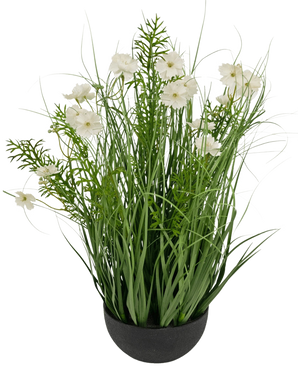 Le pot d'herbe d'oignon de fleur de Gesang blanche de gazon artificiel (56 cm, ignifuge) a de hautes feuilles vertes ressemblant à de l'herbe et de délicates fleurs blanches dans un pot noir pour un aspect luxuriant et naturel.