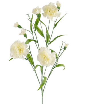 La fleur artificielle bouquet d'oeillets 70 cm blanc a une tige avec plusieurs fleurs d'oeillets blanches et des feuilles vertes sur un fond blanc uni.