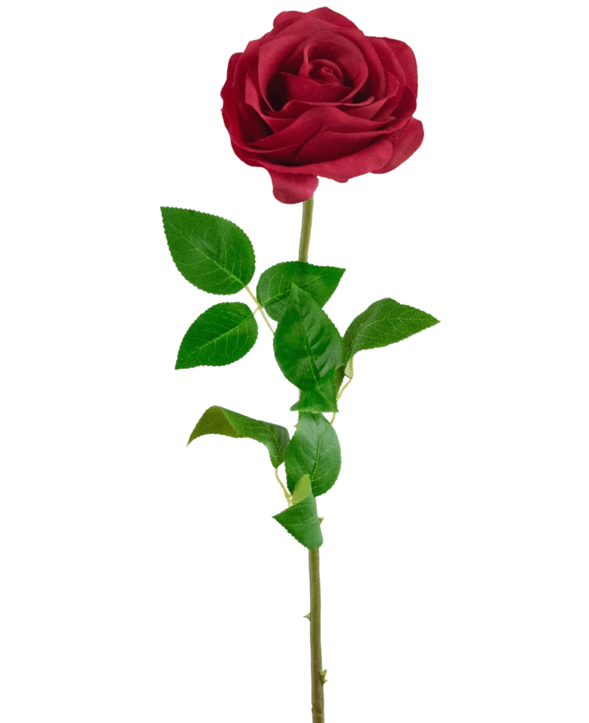 La Rose Artificielle Real Touch 53 cm rouge est une rose artificielle simple avec une longue tige verte et plusieurs feuilles, isolées sur un fond blanc.