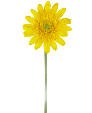 La Fleur Artificielle Gerbera 53 cm jaune est une marguerite artificielle jaune unique avec un cœur vert et une longue tige verte, sur un fond blanc uni.