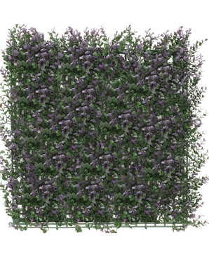 La Haie Artificielle Buis Violet 50x50 cm UV est un panneau dense et carré de verdure artificielle avec de petites fleurs violettes, créant un tapis de jardin vertical luxuriant, parfait pour égayer un fond blanc.