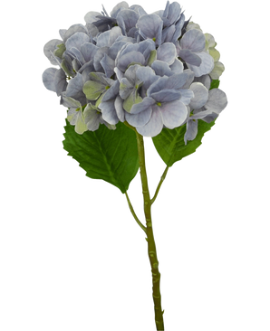 Une seule tige d'hortensia artificielle Deluxe de 57 cm lilas avec des pétales violet clair et deux grandes feuilles vertes, isolées sur un fond blanc.