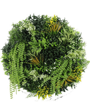 La Haie Artificielle sur Cadre Noir Ø100 cm présente un arrangement circulaire de diverses plantes vertes et feuillages, dont des fougères, des vignes torsadées et des feuilles aux pointes jaunes, avec différentes formes et textures de feuilles sur un fond blanc.