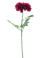De Kunstbloem Dahlia Real Touch Paars 72 cm heeft een enkele paarse dahlia met gelaagde bloemblaadjes en groene bladeren op een lange, rechte steel, geïsoleerd op een witte achtergrond.