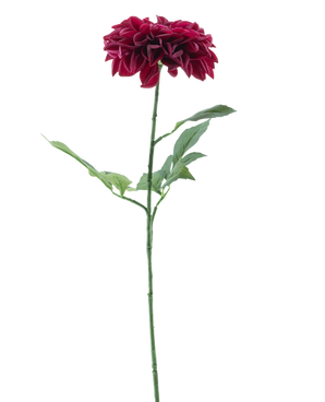 De Kunstbloem Dahlia Real Touch Paars 72 cm heeft een enkele paarse dahlia met gelaagde bloemblaadjes en groene bladeren op een lange, rechte steel, geïsoleerd op een witte achtergrond.