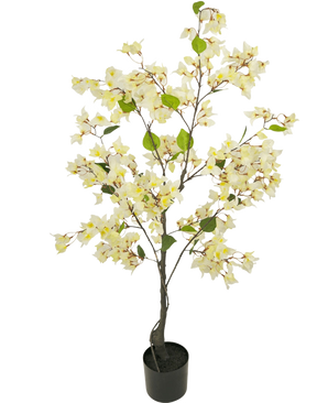 De Kunstplant Bougainvillea 120 cm wit is een kunstboom in pot met slanke takken, groene bladeren en overvloedige lichtgele en witte bloemen tegen een effen witte achtergrond.
