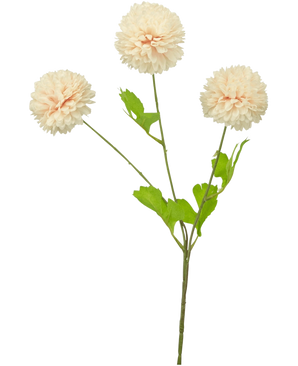 Een enkele stengel Kunstbloem Jilly 70 cm roze heeft drie grote, ronde, roze dahlia bloemen en verschillende groene bladeren, tegen een effen witte achtergrond.