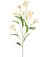 De Kunst Rhododendron Azalea Real Touch Crème/roze 80cm heeft een enkele groene stengel met vertakkende, slanke bladeren en delicate crèmeroze bloemen, prachtig tegen een effen witte achtergrond.