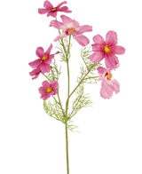Een enkele Kunstbloem Cosmos 74 cm fuchsia met een groene steel, verschillende licht- en donkerroze bloemen en vederlichte groene bladeren, geïsoleerd op een witte achtergrond.