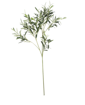 La Feuille d'olivier artificielle 90 cm ignifuge possède de fines feuilles vertes sur une tige longue et fine. Cette feuille artificielle est résistante aux UV et ignifuge et est présentée isolée sur un fond blanc.