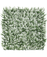 De Kunsthaag Buxus wit 50x50 cm UV is een vierkant kunstgroen bladerpaneel met kleine witte bloemen op een groene kunststof drager, perfect voor het maken van decoratieve hagen of plantenwanden.