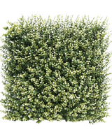 Kunsthaag Buxus beige 50x50 cm UV: Dicht vierkant paneel van kunstgroen met kleine groene en beige bladeren, ontworpen om te lijken op een dikke haag of tuinmuur, tegen een effen witte achtergrond.