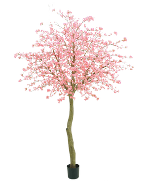 L'Arbre Artificiel Fleur de Cerisier Rose 330 cm possède un tronc marron courbé et d'abondantes fleurs roses sur un fond uni blanc.