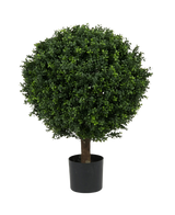 Le Buis Artificiel sur tige style Romain UV 85 cm est un arbre artificiel rond, feuillu, vert, au feuillage dense et au tronc unique, dans un pot simple noir sur fond blanc uni.