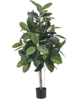 De Kunstplant Rubber Plant 150 cm heeft brede, glanzende donkergroene bladeren en staat in een kleine zwarte pot tegen een witte achtergrond.