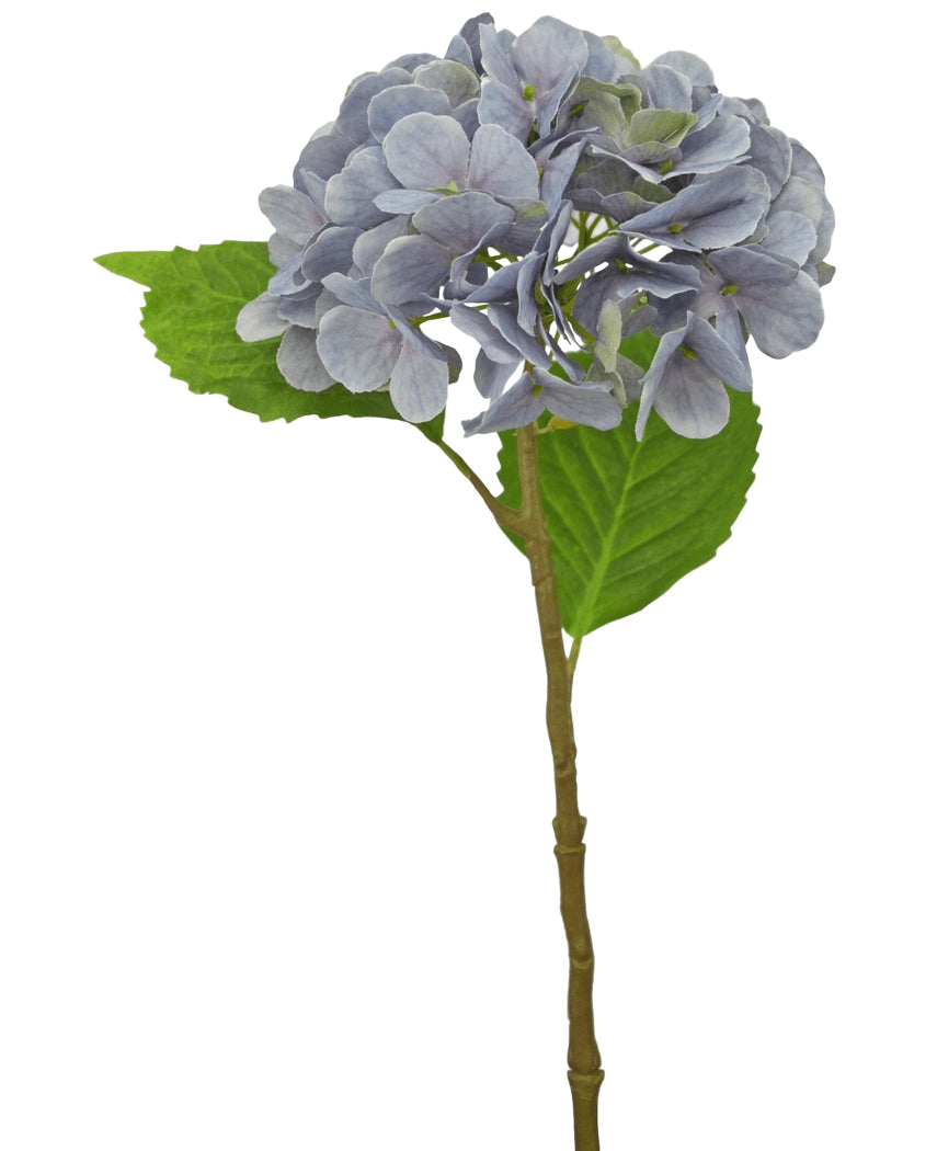 L'hortensia artificiel Deluxe 55 cm violet possède une seule tige violet clair avec des pétales arrondis et deux feuilles vertes, sur un fond blanc.