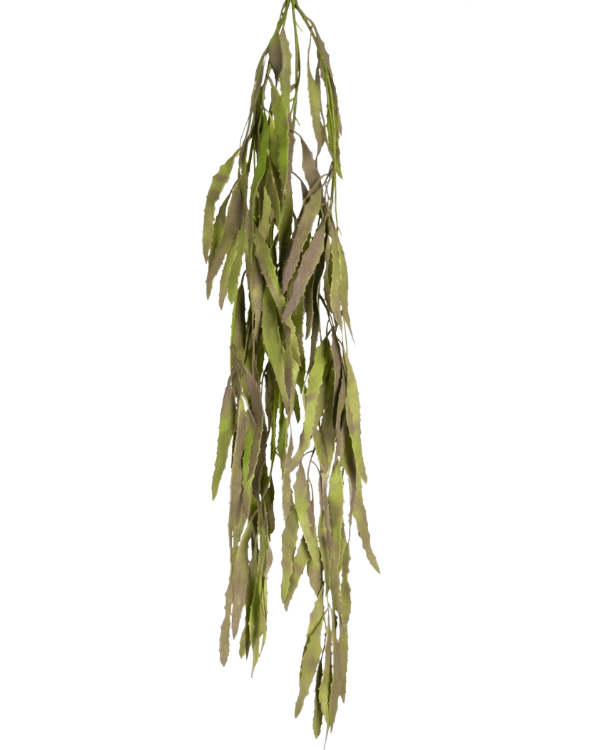 La plante artificielle suspendue Aloe Vera 102 cm possède des feuilles vertes longues et étroites aux bords dentelés qui retombent sur un fond blanc uni.