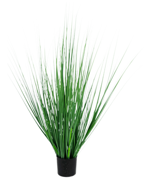 Le gazon artificiel oignon 100 cm ignifuge a un pot noir avec des feuilles denses, dressées et fines ressemblant à de l'herbe verte, parfait pour ajouter une touche moderne à n'importe quel espace.
