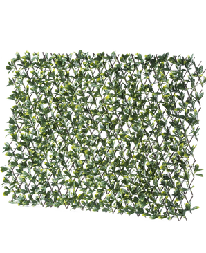 De Kunsthaag Prunus Uitschuifbaar 200x100 cm is een rechthoekig kunstgroen bladpaneel op een rasterframe, ontworpen om een haag of plantenwand na te bootsen.