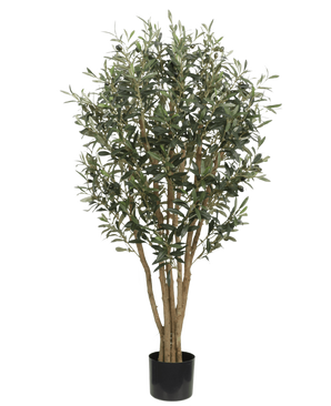 L'olivier artificiel UV 120 cm a des troncs minces brun clair et des feuilles vertes denses, est résistant aux UV pour une beauté extérieure durable et est livré dans un simple pot noir - idéal comme plante artificielle en extérieur sur n'importe quel fond.