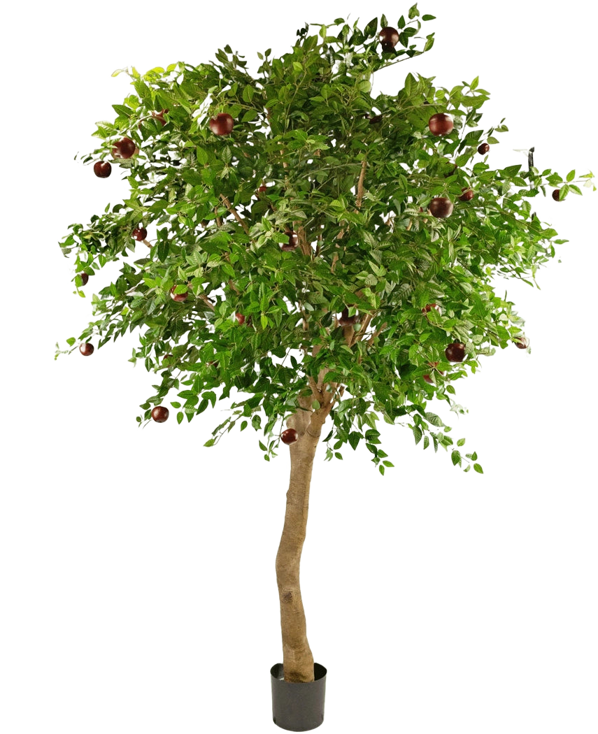 Le Pommier Artificiel 240 cm est un grand arbre en pot avec un tronc épais, des feuilles vertes denses et plusieurs pommes rouges sur les branches sur un fond blanc uni.