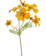 De Kunstbloem Cosmos 74 cm oranje heeft verschillende fel oranje bloemen en vederlichte groene bladeren, ideaal om levendige kleur toe te voegen aan je bloemen in huis; geïsoleerd weergegeven op een witte achtergrond.