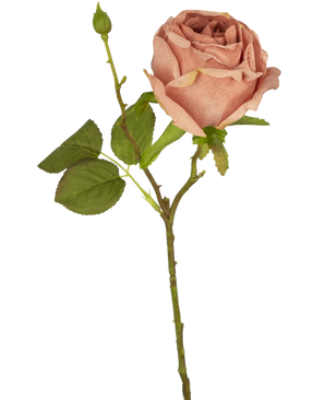 De Kunstroos Deluxe 45 cm roze heeft een gesloten knop, groene bladeren en een lange steel, en wordt getoond tegen een effen witte achtergrond.